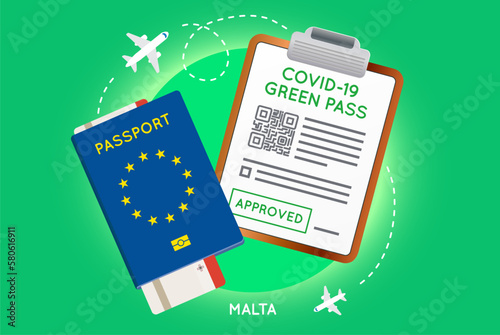 Covid-19 immunity passport with QR code. Vaccination or negative coronavirus test green valid certificate. European Passport with Flight Ticket and Approved Green Pass.