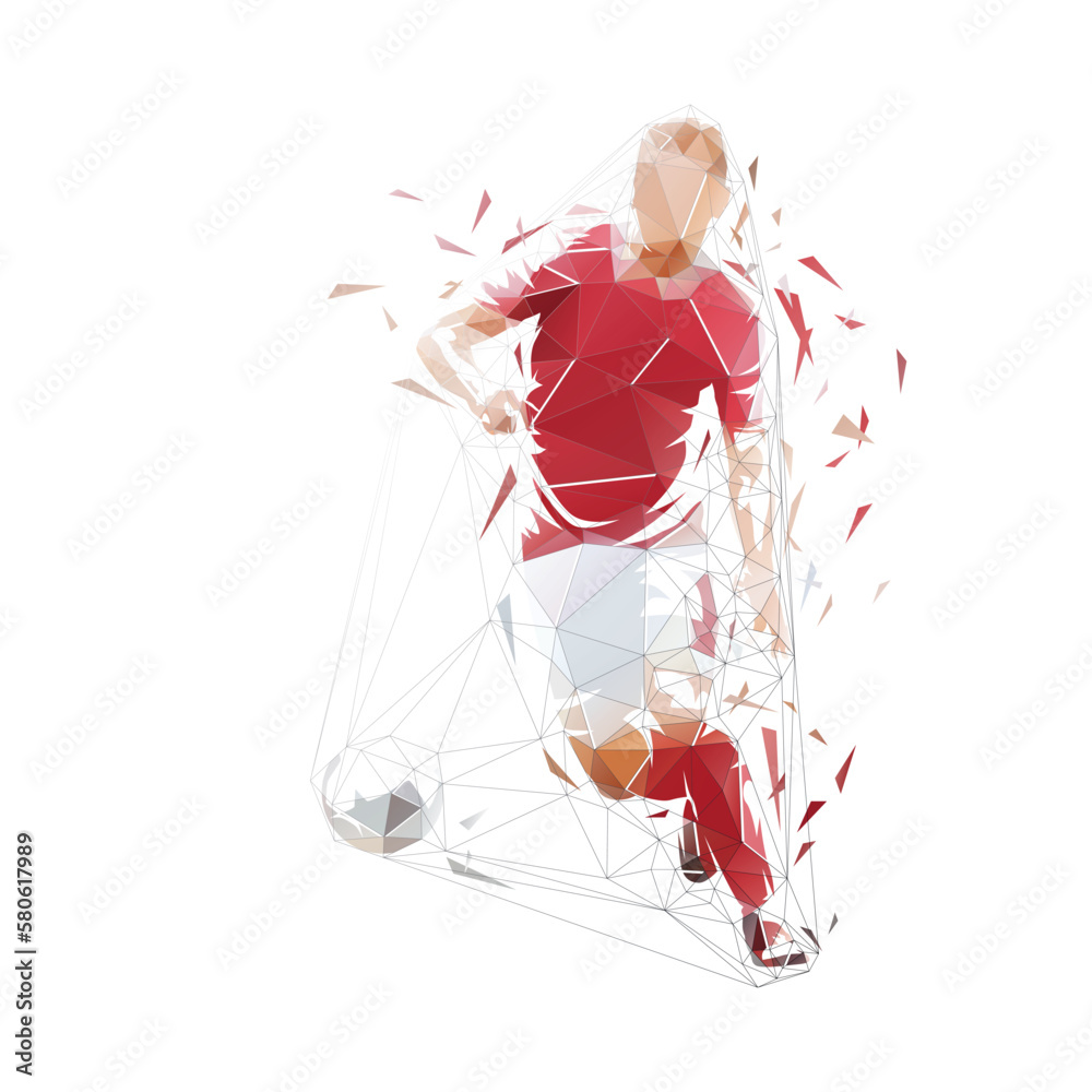 Obraz premium Football low polygonal illustration. Soccer player running with ball, isolated geometric vector drawing. Team sport athlete