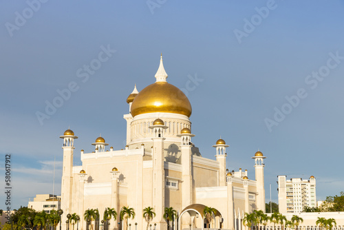 iconic building in Bandar Seri Begawan Brunei,Sultan Omar Ali Saifuddin Mosque with blue sky and white clouds in background photo