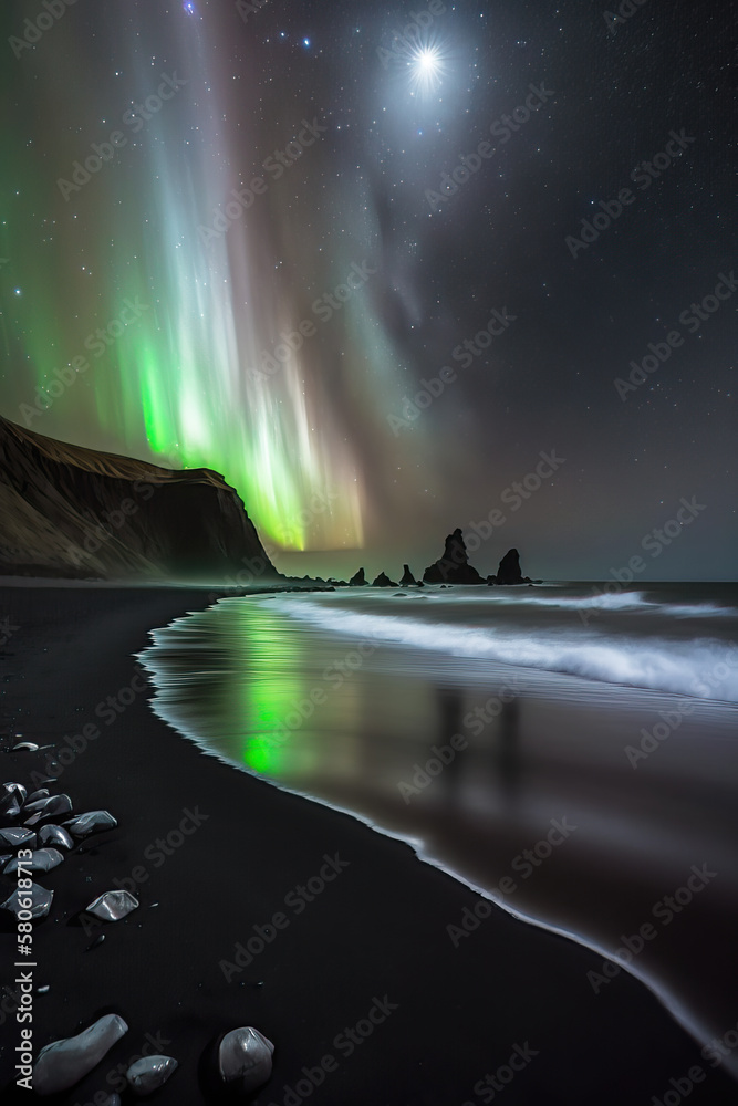 Northern lights over black sand beach of Iceland, Magical aurora phenomena, a wanderlust travel, Generative AI