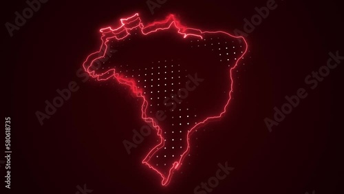 3D Moving Neon Red Brazil Map Borders Outline Loop Background. Neon Red Colored Brazil Map Borders Outline Seamless Loop Dark Background. Brazil Neon Map Borders Outline.