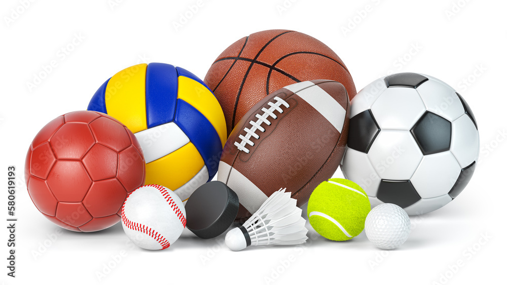 Different sport balls and equipment. Soccer, ffotball, basketball, handball rugby and volleyball balls, hockey puck and badminton shuttlecock isolated on white. Different sport balls and equipment. Soccer, ffotball, basketball, handball rugby and volleyball balls, hockey puck and badminton shuttlecock isolated on white.