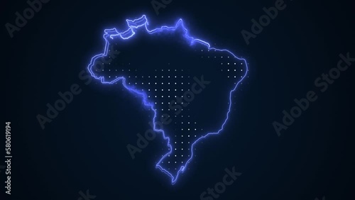 Neon Blue Brazil Map Borders Outline Loop Background. Neon Blue Colored Brazil Map Borders Outline Seamless Loop Dark Background. Brazil Neon Map Borders Outline.