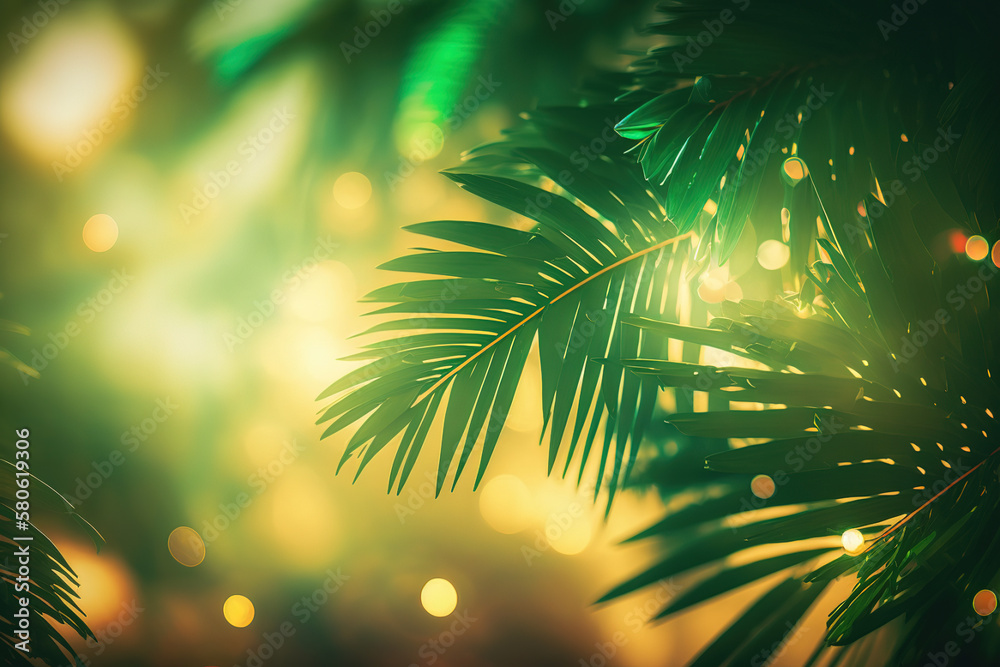 Blurred beautiful nature green palm leaves on tropical beach with sun bokeh lights abstract background. AI generated Blurred beautiful nature green palm leaves on tropical beach with sun bokeh lights abstract background. AI generated