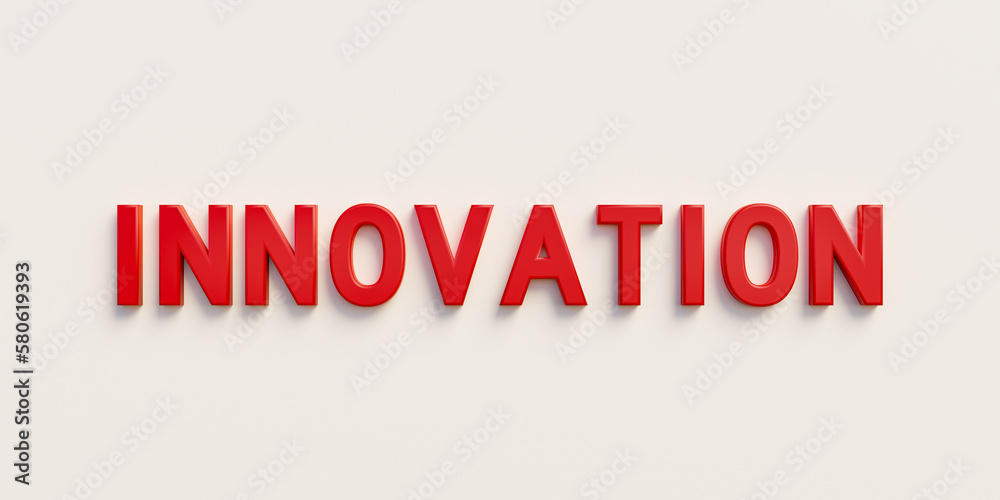 Innovation. Banner, sign in red capital letters and the word innovation. Technology, development, new, ideas, business, science, inspiration and motivation. 3D illustration