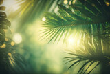 Blurred beautiful nature green palm leaves on tropical beach with sun bokeh lights abstract background. AI generated