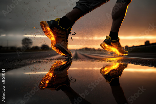 Photo beside legs of athlete running on the road trail in sunset training for marathons and fitness. Created with Generative AI Technology