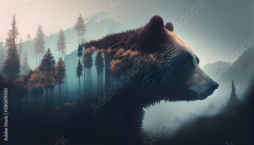 bear in the woods digital composition with pine trees, foggy mountains and cloud, overlay, double exposure