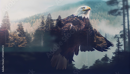 digital concept of bald eagle in flight over pine trees mountains and foggy forest, overlay and double exposure photo