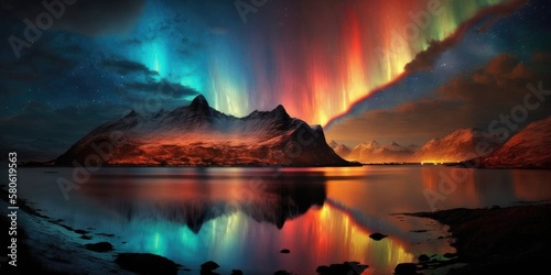 Aurora borealis in spectacular rainbow colors high above cold tundra mountain landscape, Northen polar lights night sky storm, bright vivid reflections, curtains and rays - generative AI