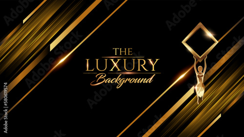 Black Golden Side Slant Speed Lines Award Background. Trophy on Luxury Background. Modern Shimmer Abstract Design Template. LED Visual Motion Graphics. Wedding Invitation Poster. 
