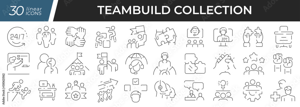 Teambuild linear icons set. Collection of 30 icons in black