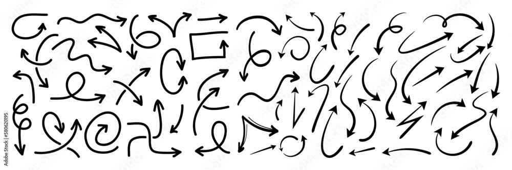 Naklejka premium Abstract drawing black arrow collection. Set of doodle arrows