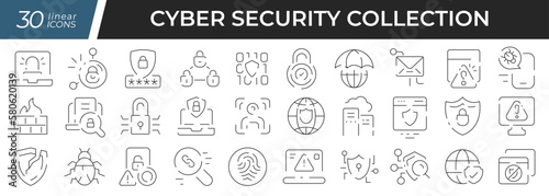 Cyber security linear icons set. Collection of 30 icons in black