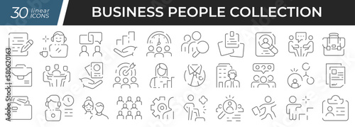 Business people linear icons set. Collection of 30 icons in black