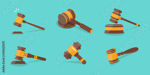 Set of law gavel in a flat design. Justice gavel collection