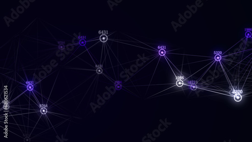 Futuristic backdrop. Network connection structure cyberspace with moving particles and numbers. Big data visualization. Abstract cyber security background in database. 3D rendering.
