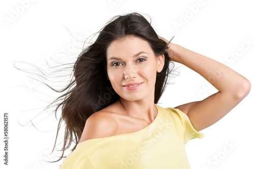 Beautiful young brunette woman on white background