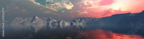 Arctic sunset over water against the background of ice  sea sunset among the ice  3d rendering