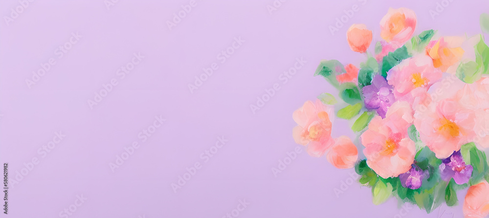 Colorful flowers & blossoms on a purple background painted with watercolors, generative ai, banner, mother's day, easter, valentines day, wedding, love, roses, alstroemeria, freesia, floral design