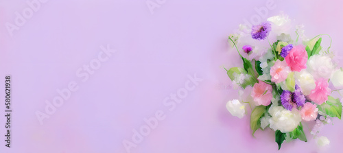 Colorful flowers   blossoms on a purple background painted with watercolors  generative ai  banner  mother s day  easter  valentines day  wedding  love  roses  alstroemeria  freesia  floral design