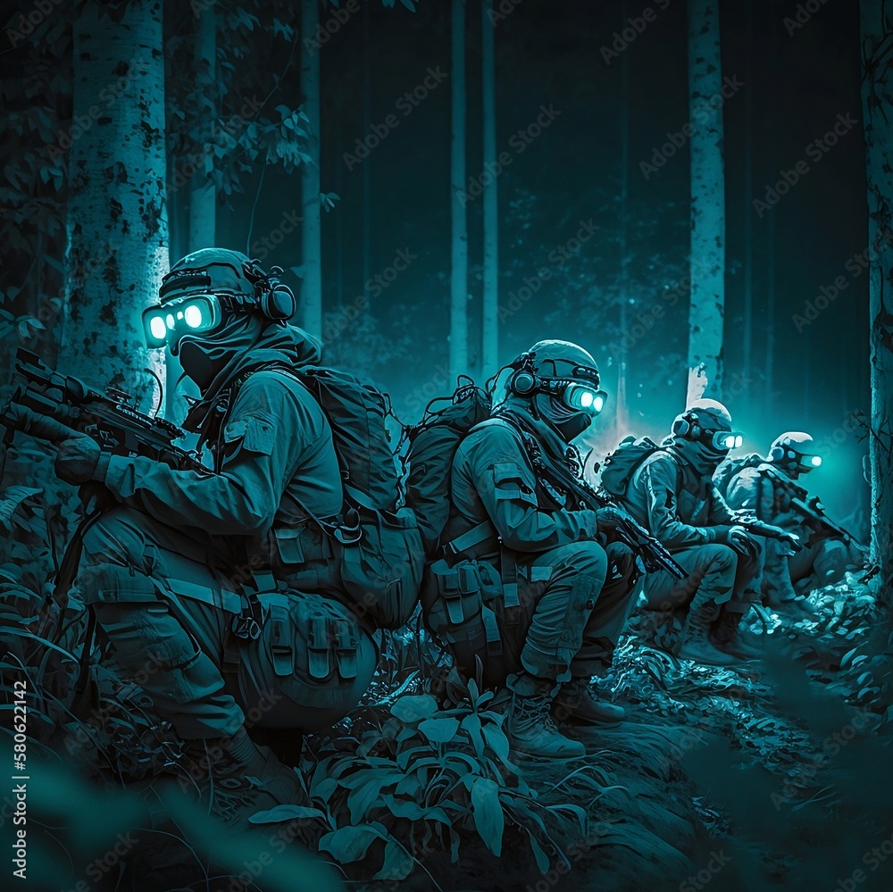 Fototapeta premium A squad of solders wearing night vision goggles in the forest at night
