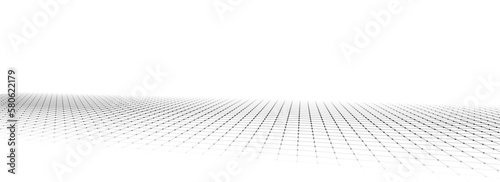 Vector abstract technology perspective grid. Detailed wireframe landscape with lines on black background. Digital space with mesh.