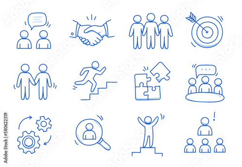 Doodle business team icon set. Doodle teamwork people community, office man group work concept. Target, gear, handshake element. Hand drawn sketch style vector illustration