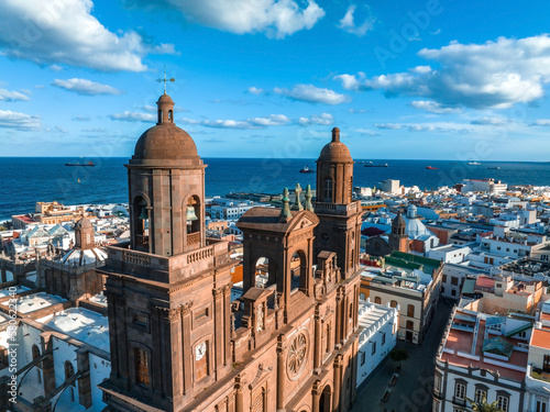 Landscape with Cathedral Santa Ana Vegueta in Las Palmas, Gran Canaria, Canary Islands, Spain. Aerial sunset view of the Las Palmas city.