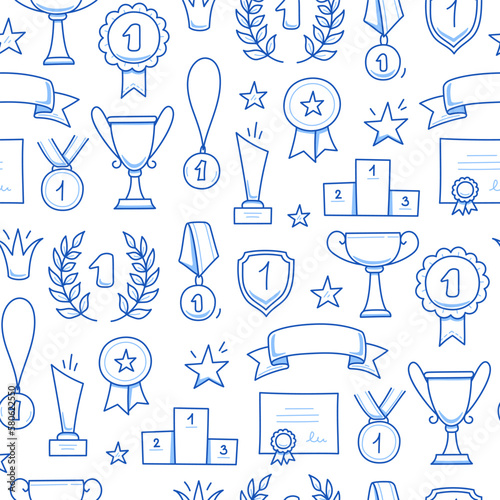 Award doodle hand drawn seamless pattern. Winner trophy cup, champion medal, win certificate background. Hand drawn doodle sketch style champion, victory, success elements. Vector illustration.