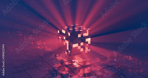 Glowing cube emits bright rays in the fog, destruction or radiation, the concept of data corruption in the data array, extraterrestrial energy source, 3d rendering