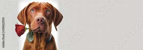 Charming red-haired vizsla dog with eyes closed holds a red rose in his mouth as a gift for Valentine's Day on a white background, AI generated