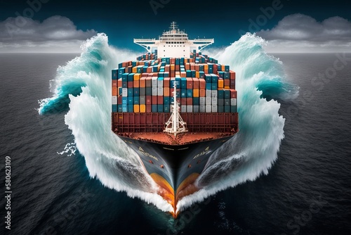 Efficient Container Shipping: Witness the Speed of a Loaded Cargo Ship Over the Vast Ocean (97 characters), Generative AI.