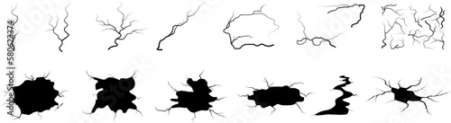 Ground cracks collection. Earthquake, quakes. Damaged wall texture. Vector