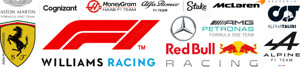 Obraz premium F1. Alfa Romeo F1 team Stake, AlphaTauri Honda, Alpine F1, Aston Martin Cognizant F1, Ferrari Mission Winnow, Uralkali Haas, McLaren F1, Mercedes-AMG Petronas F1, Red Bull Racing Honda, FIA.