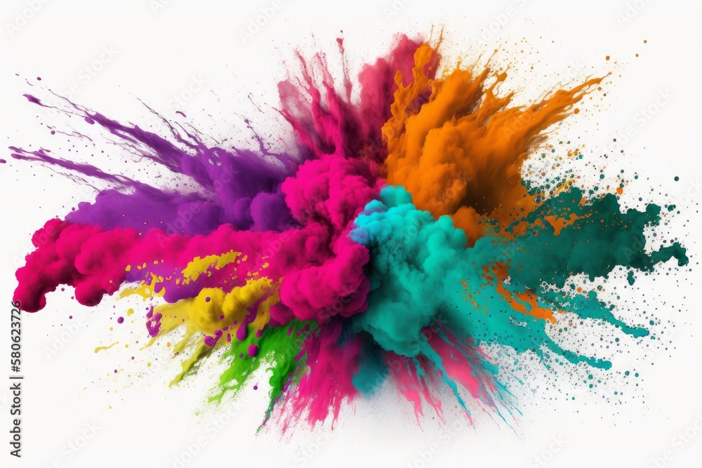 Experience the Vibrant Hues of Holi with Colorful Paint Splashes and Rainbow Powder Explosions on Isolated White Background, Generative AI.