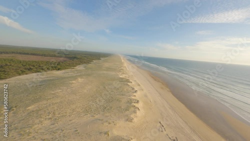 Deserted sandy beach, Soustons in Landes department, Nouvelle-Aquitaine in France. Aerial drone fpv photo