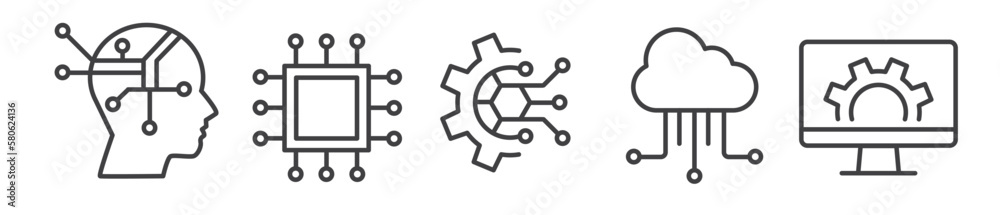 Technology, computing and industry 4.0 vector thin line icon collection on white background - Sheet with symbols for web and print - obrazy, fototapety, plakaty 