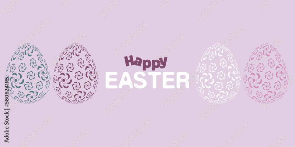 Purple Happy Easter Card with Patterned Eggs - Wide Scale Minimalist Holiday Greeting Card, Web or Invitation Design in Editable Vector Format
