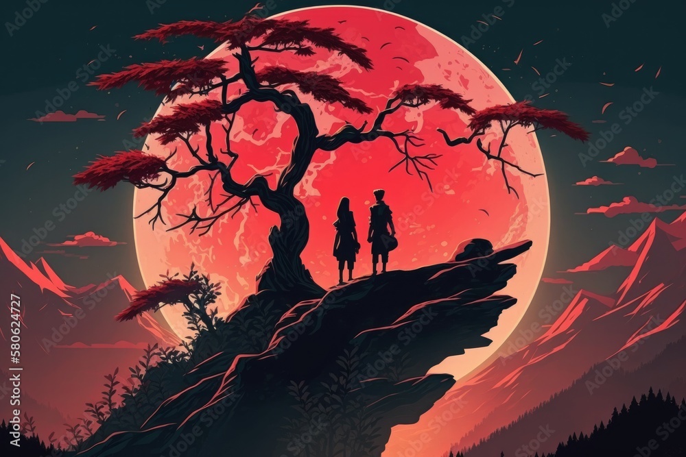 Anime characters bask in the beauty of a majestic mountain and red moon in this stunning digital wallpaper, Generative AI.
