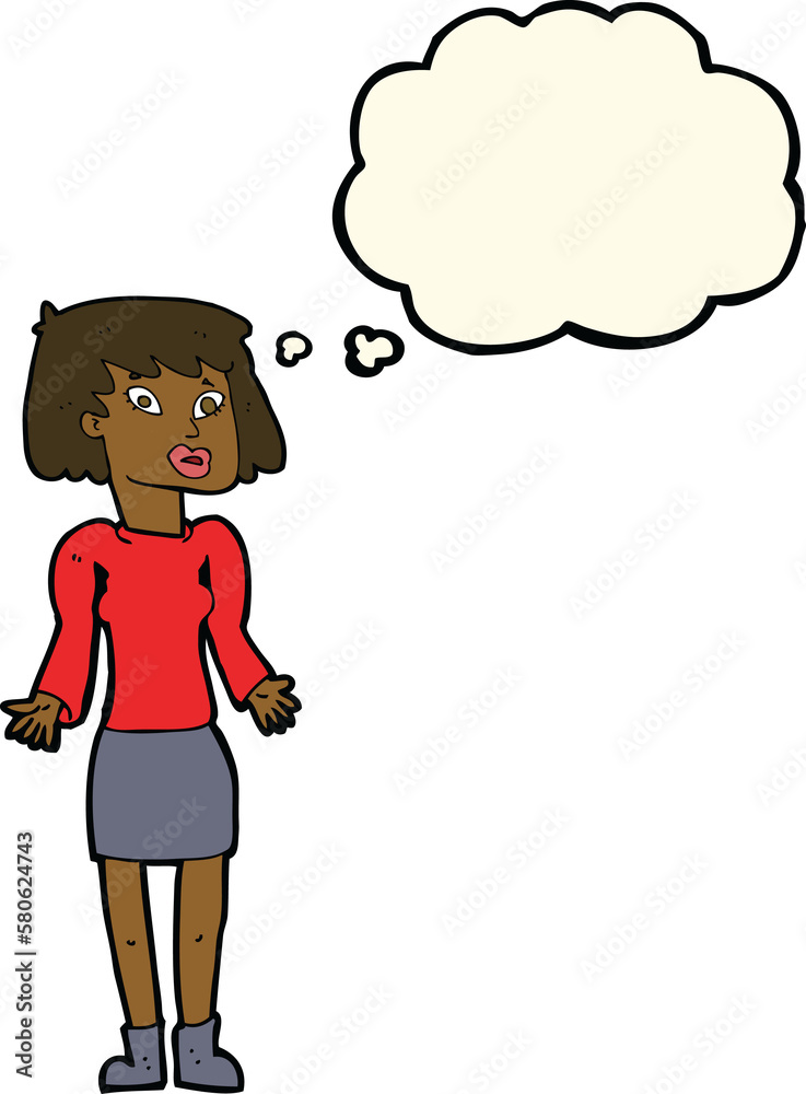 cartoon woman shrugging shoulders with thought bubble cartoon woman shrugging shoulders with thought bubble
