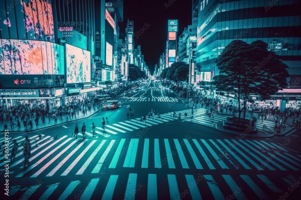 Experience the Vibrant Energy of Tokyo's Neon Night City at Shibuya Crossing, Generative AI.