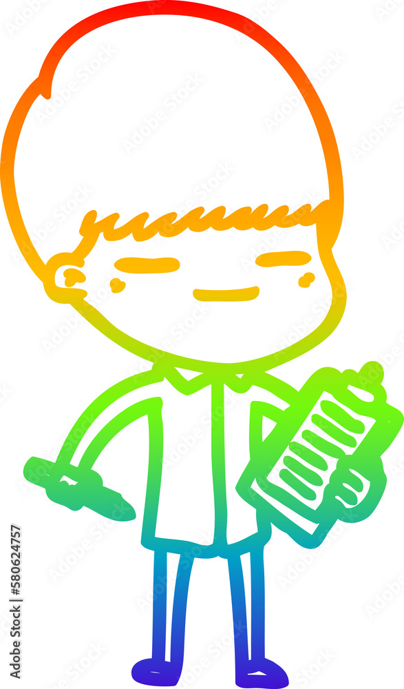 rainbow gradient line drawing cartoon smug boy with clip board