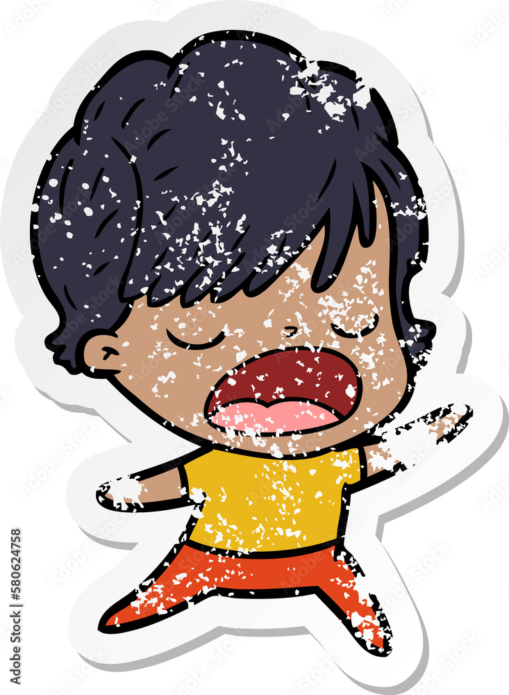 Obraz premium distressed sticker of a cartoon woman talking
