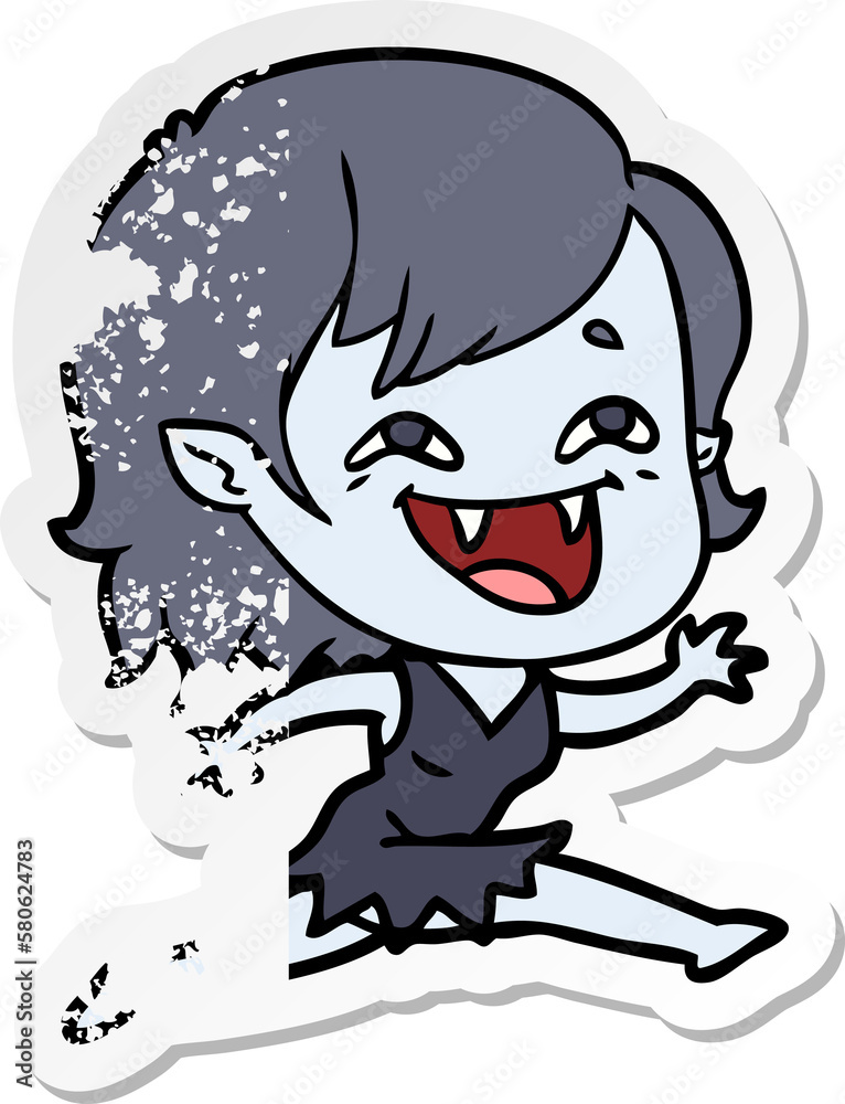 distressed sticker of a cartoon laughing vampire girl distressed sticker of a cartoon laughing vampire girl