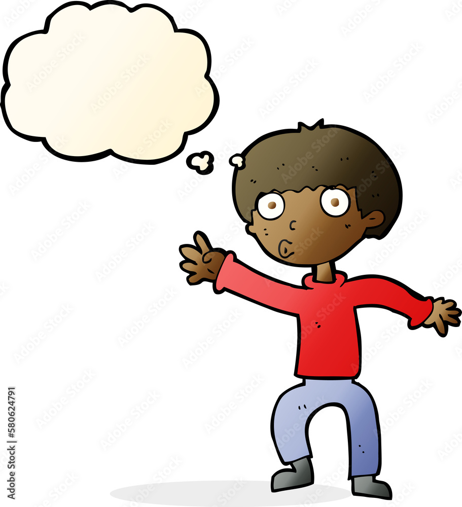 cartoon boy waving warning with thought bubble cartoon boy waving warning with thought bubble