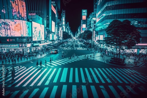 Experience the Vibrant Energy of Tokyo's Neon Night City at Shibuya Crossing, Generative AI. © ParinApril