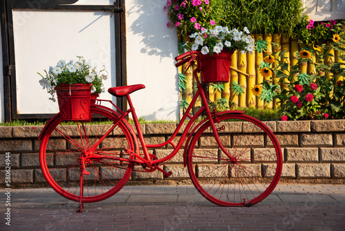 Red bicycle with flowers in a garden