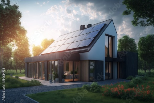 Efficiently Powering Your Home with Photovoltaic Solar Panels and Enjoying the Beauty of the Sky, Generative AI. © ParinApril