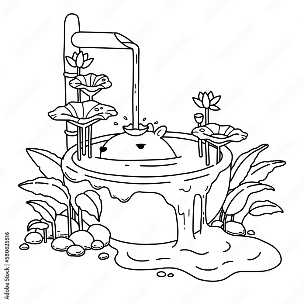 Cute capybara swimming in the pool and relaxing under bamboo water